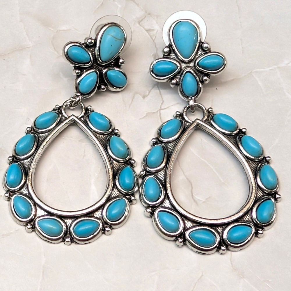 New Cowgirl Drop Earrings Faux Turquoise Dangle Teardrop SilverTone Western Boho